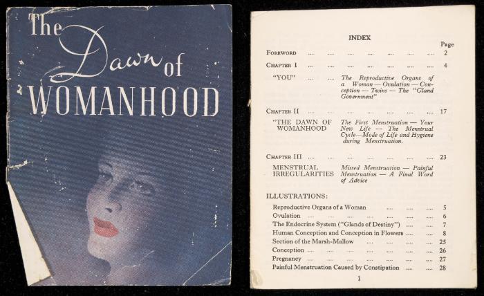 The front cover and part of the contents page for 'The Dawn of Womanhood'